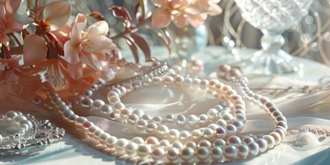 Elegant allure showcased in a pearl necklace and various jewelry items displayed on a table