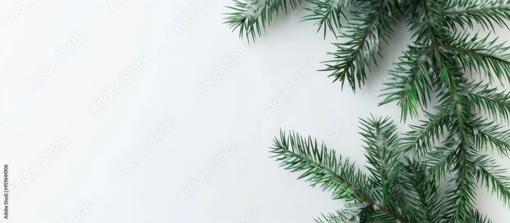Poster single fir branches on a white background minimalist christmas design. copy space image. place for a