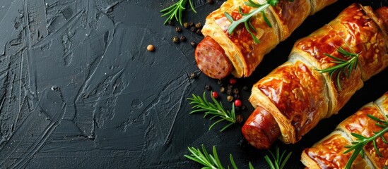 Pigs in a Blanket wrapped in puff pastry with sausage Black backdrop Top view. Copy space image. Place for adding text and design