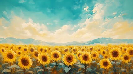 Obraz premium Sunflower field in full bloom under a vivid cerulean sky, the sunflowers arranged in neat rows with subtle breeze creating gentle waves, Watercolor, Soft pastels, Dreamy atmosphere, yellow and blue.