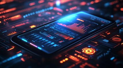 Obraz premium A modern smartphone displaying a water usage dashboard with animated historical data, glowing holograms, and smooth transitions, surrounded by a sci-fi-inspired digital environment, neon-infused.