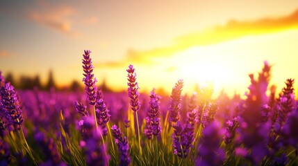 Obraz premium Lavender field bathed in golden sunlight, vibrant purple hues contrasting with the clear sky, depicted in hyper-realistic