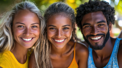 Fototapeta premium Three people smiling for the camera. One is blonde, one is black, and one is brown