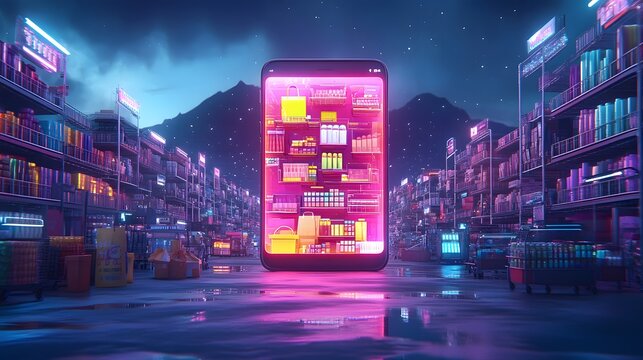 Futuristic Neon Cityscape with Smartphone Displaying Online Shopping Cart with Products and Shopping Bags.