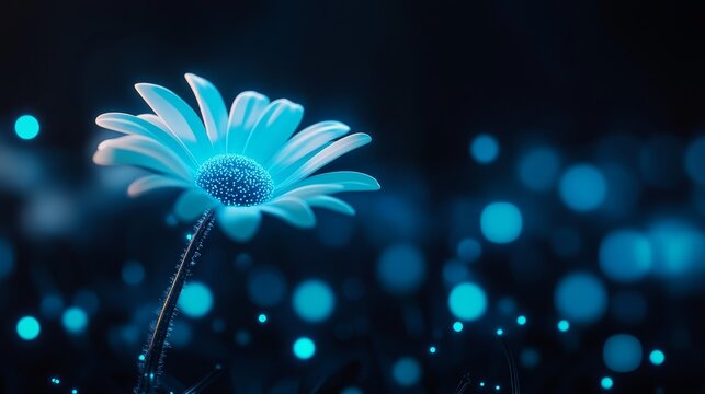 Close-up of a white daisy with a neon blue glow, dark futuristic background, digital illustration, vibrant colors, high contrast, emphasizing the purity and simplicity of nature.