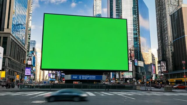 Large blank green screen billboard in the heart of Times Square, New York, perfect for advertising, marketing concepts, and holiday celebrations such as New Year's Eve