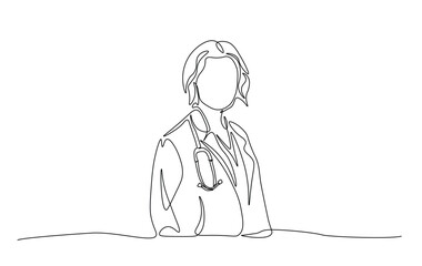 One continuous line drawing female doctor with stethoscope. Health care concept in single line illustration.