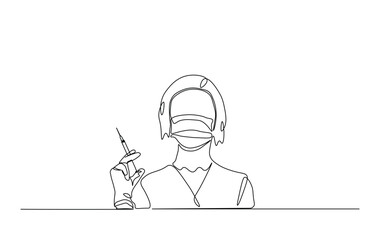 One continuous line drawing female doctor holding syringe. Health care concept in single line illustration.