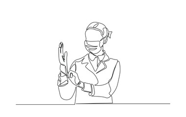 One continuous line drawing female doctor wearing glove. Health care concept in single line illustration.