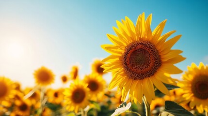 Fototapeta premium A panoramic view of a vibrant sunflower field with tall golden blooms stretching towards a clear blue sky, Realistic, Warm tones, Photography, Crisp details with gentle sunlight casting soft shadows.
