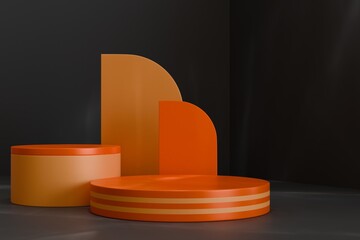 3D realistic black and orange podium product display on black wall background. Perfect for Halloween themed products. 3d Illustration