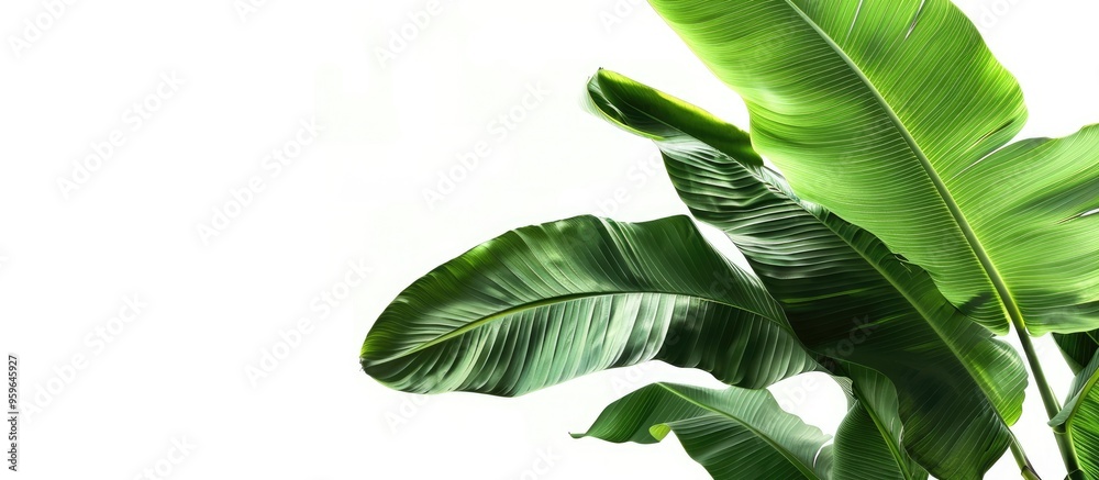 Poster banana leaf set against a white background. Copy space image. Place for adding text and design