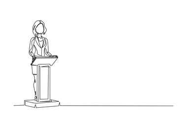 One continuous line drawing businesswoman speaking at the podium. Female politician speaking  in single line illustration.