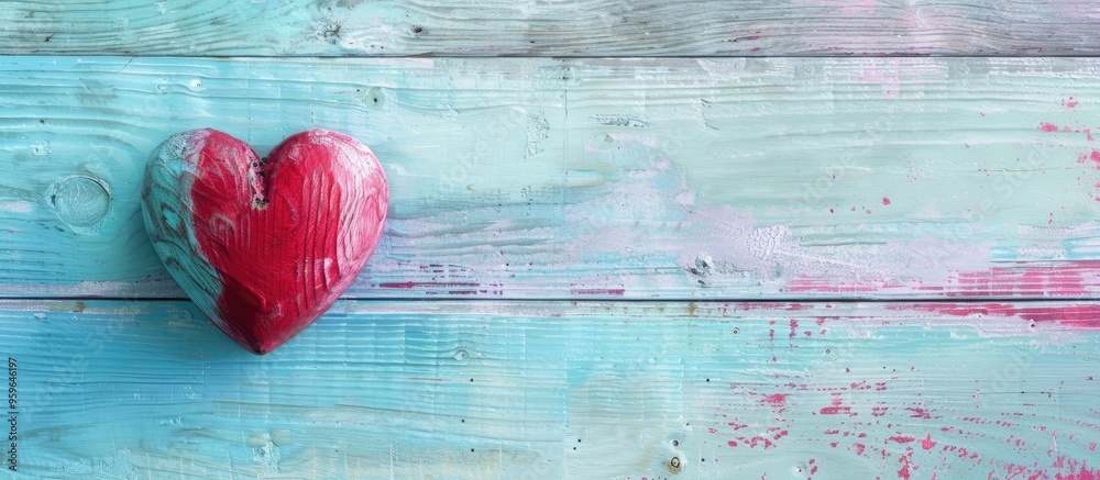 Canvas Prints Top view of a handmade pink and red heart on a blue and white wooden background in a pastel vintage style Concepts of heartbreak love wedding and Valentine s Day. Copy space image