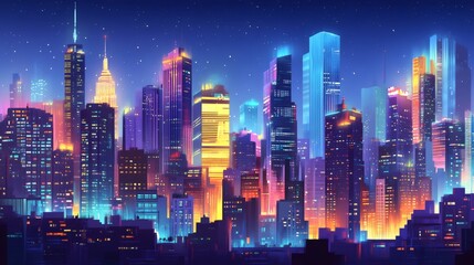 Fototapeta premium A vibrant cityscape at night with tall buildings illuminated by neon lights.