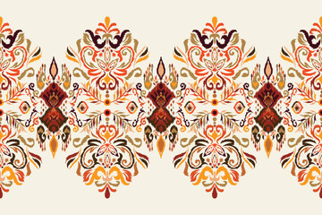 Ikat seamless pattern, geometric design, motif ethnic handmade, Ikat ethnic tribal, boho colors seamless wallpaper. Ethnic Ikat abstract background art.