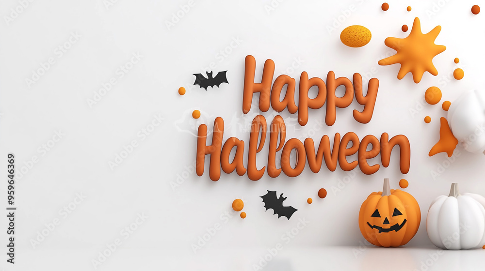 Wall mural Happy Halloween is a 3D lettering on a white background with paint splatters and Halloween decorations.