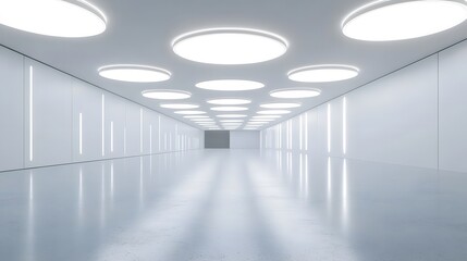 Modern, white, empty room with round LED lights on the ceiling. Concept of technology, science, and innovation.