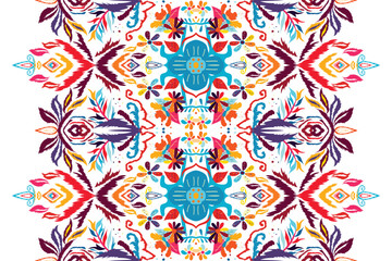 Ikat seamless pattern, geometric design, motif ethnic handmade, Ikat ethnic tribal, boho colors seamless wallpaper. Ethnic Ikat abstract background art.