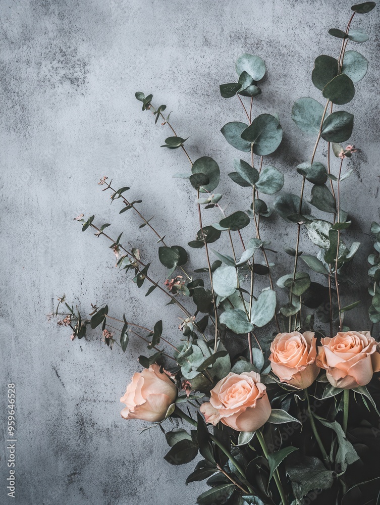 Poster A stylish arrangement of roses and eucalyptus leaves rests beautifully against a subtle concrete backdrop, adding elegance to any space. Generative AI