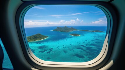 Naklejka premium View from an airplane window to a tropical island with sandy beaches in a blue ocean against a blue daytime sky.