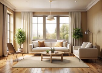 photo image of a minimalist empty living room with beige walls, off-white furniture, and a large window letting in natural light