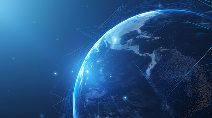 Abstract digital planet Earth with glowing global network connections, blue frosted glass and white acrylic elements, set against a clean dark background. High-detail 8K rendering with data visualizat