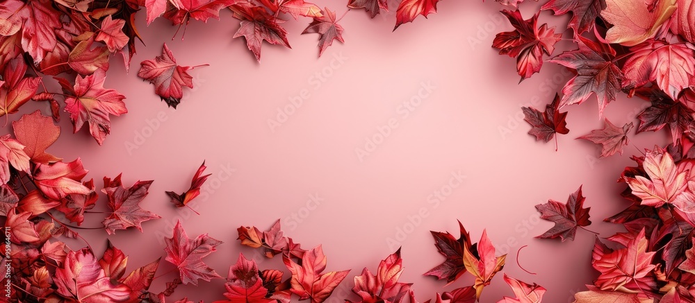 Canvas Prints red autumn leaves on a pink backdrop there is a copyspace in the center