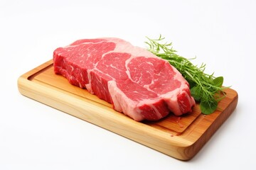 Fototapeta premium A large piece of fresh juicy red meat with streaks of fat is decorated with herbs and spices on a clean white background