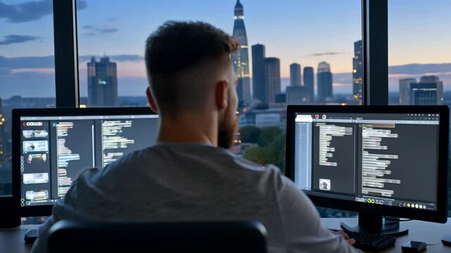 A Caucasian male software developer working late at his computer coding in a modern office with a city skyline outside; ideal for International Programmers' Day or tech innovation features