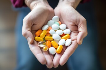Multi-colored tablets, pills and capsules in the hands.