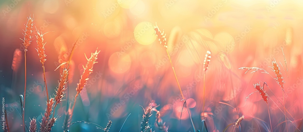 Wall mural Wheat field at sunset with a blurred vintage background. Copy space image. Place for adding text and design