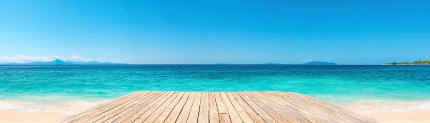 Fototapeta premium tropical paradise beach with wooden deck, azure sky, turquoise water, and white sand