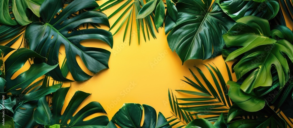 Poster top view of tropical leaves on a bright background summer flat lay arrangement. copy space image. pl