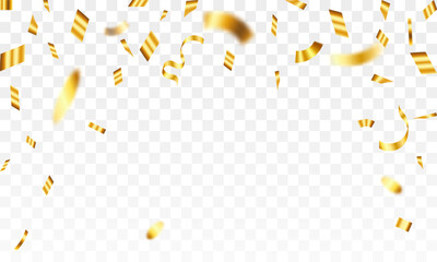 Luxury confetti flying for celebration party banner. Falling shiny golden confetti isolated on transparent background. confetti illustration.