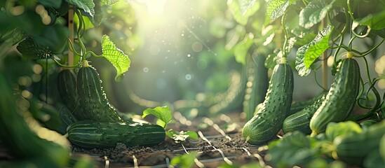 Cucumbers in the garden are supported by a trellis Cucumbers growing in a village garden Cucumber vines on a grid A bed of cucumbers exposed to the open air Free space Copy space