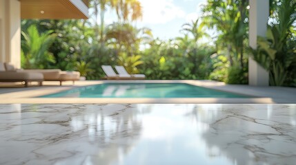 Fototapeta premium Luxurious Outdoor Pool Area with Marble Surface and Tropical Plants in a Modern Resort Setting