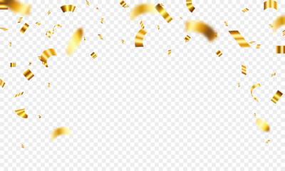 Fototapeta premium Gold confetti template. Shiny ribbons falling on abstract background. Design template for party celebration and birthday banner background, confetti,