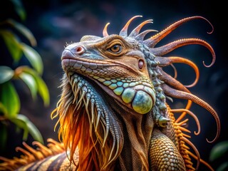 Obraz premium A photo image of a majestic serpent-like creature with five claws, flamboyant whiskers, and a long beard flowing down its neck.