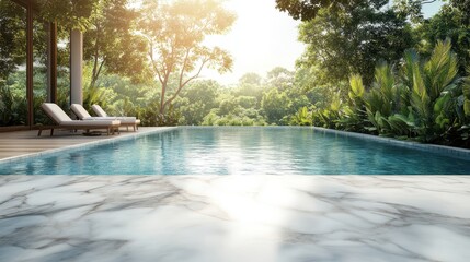 Luxurious Outdoor Pool with Marble Deck Surrounded by Lush Greenery and Sun Loungers in a Tropical Setting