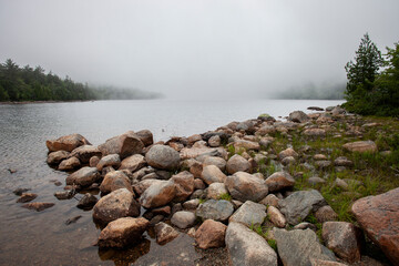 Fog rolls in over Jordan Pond, ME