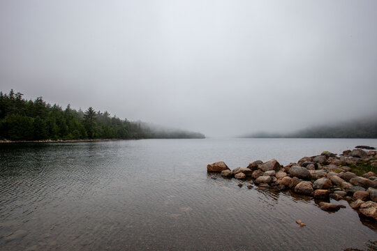 Fog roll sin over Jordan Pond, ME