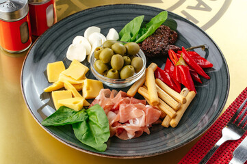 snacks for wine, cheese, meat, olives, vegetables