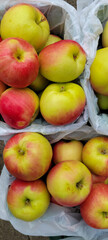 Close-up of fresh apples, displayed in baskets at a market stall