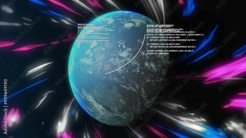 Poster planet earth with coding text over colorful light streaks in space animation