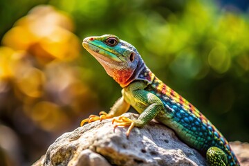 A photo image of a small, colorful lizard with a body resembling a sheet of Italian marble, perched upon a stone wall.