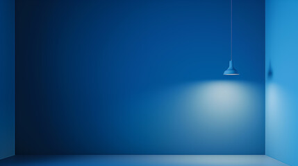 Cozy blue room illuminated by a glowing blue pendant lamp