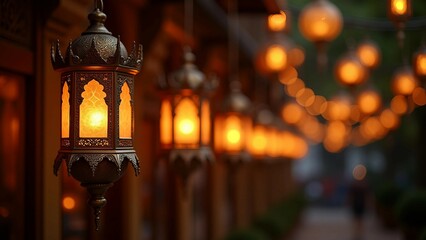 Fototapeta premium Traditional Hanging Lanterns with Warm Glow at Night