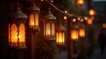 Obraz premium Traditional Hanging Lanterns with Warm Glow at Night