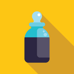 Glass bottle containing dark liquid with pipette, long shadow design, yellow background